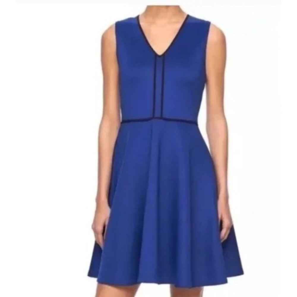 Reed Women’s Blue Fit & Flare Dress Size L Scuba Fabric Sleeveless V-Neck Black